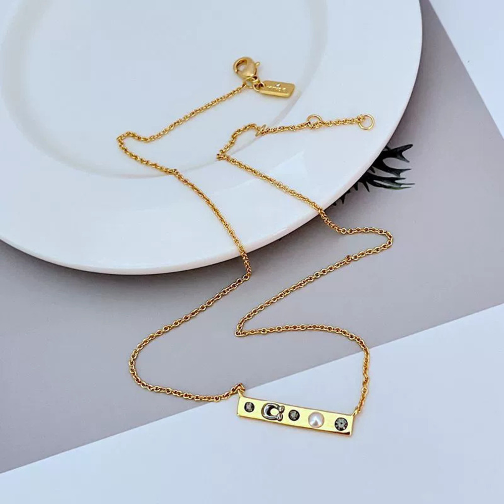 Coach Pearl Letter Square Pendant Metal Necklace